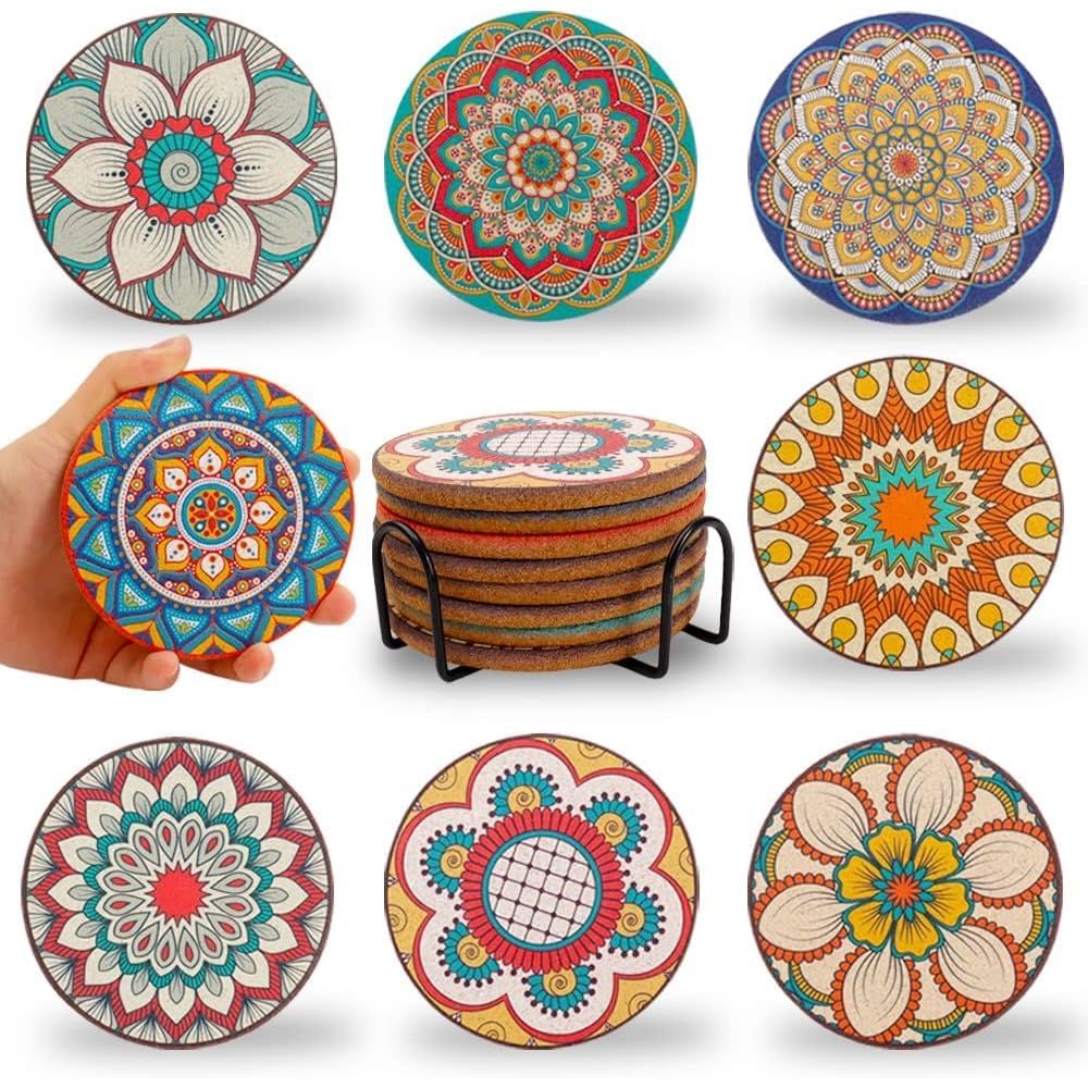 Home Bar Set - 8'li Yuvarlak Renkli Bardak Altlığı Seti,