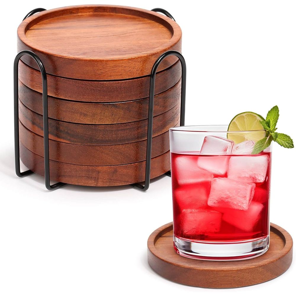 Home Bar Set - 6'lı Akasya Ahşap Bardak Altlığı Seti,