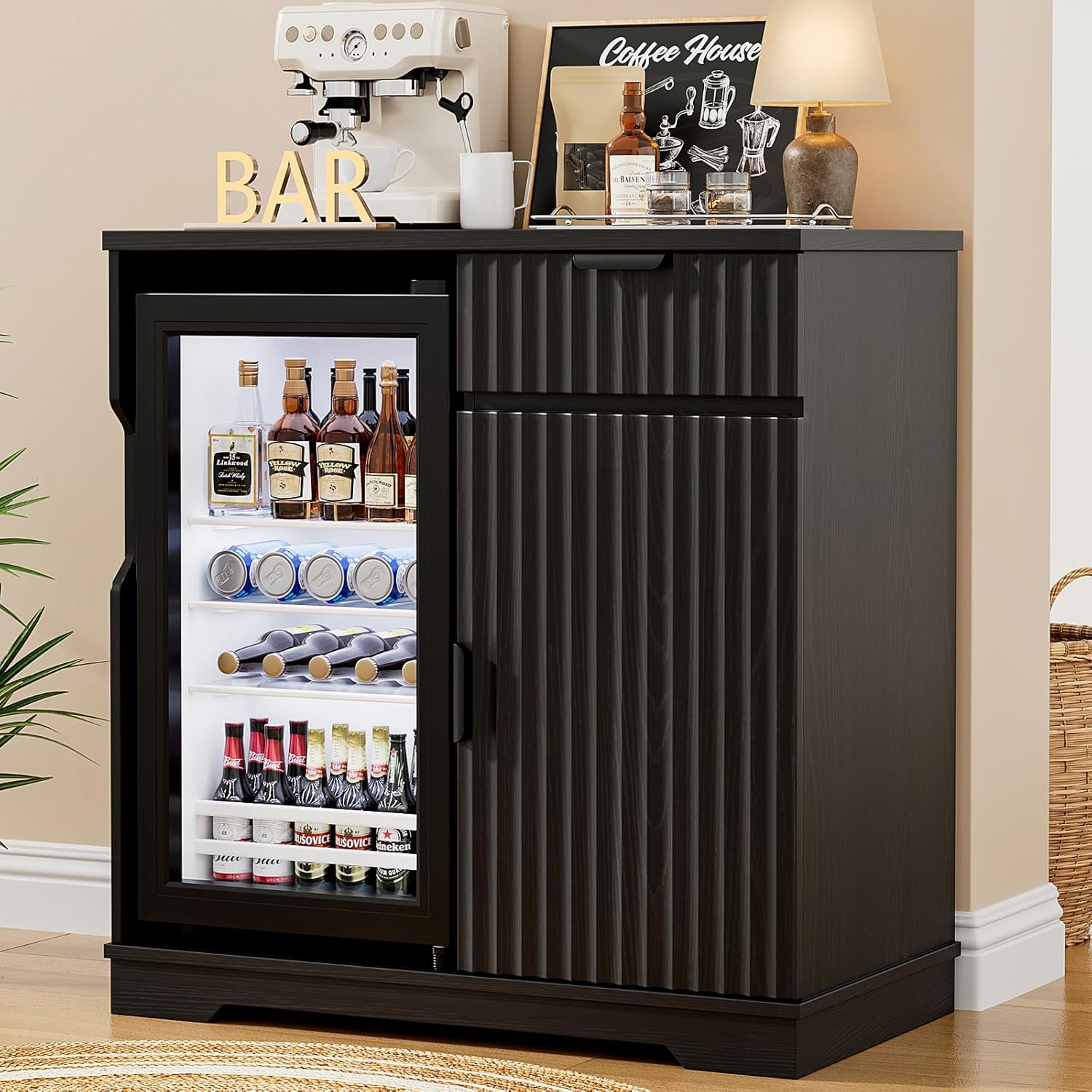 Home Bar And Cabinet - Oluklu Kahve Bar Dolabı, Mini Buzdolabı