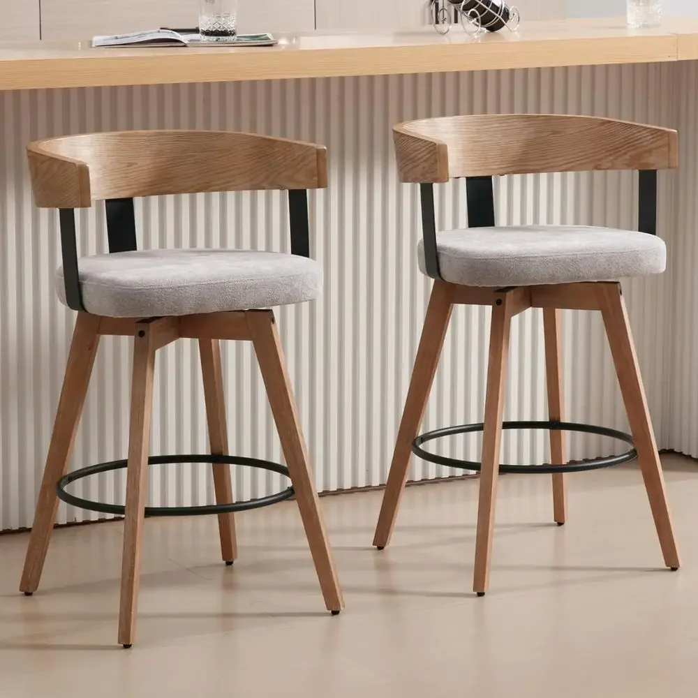 Home Bar Stools - 2'li Set, 26 Gri Keten Döşemeli,