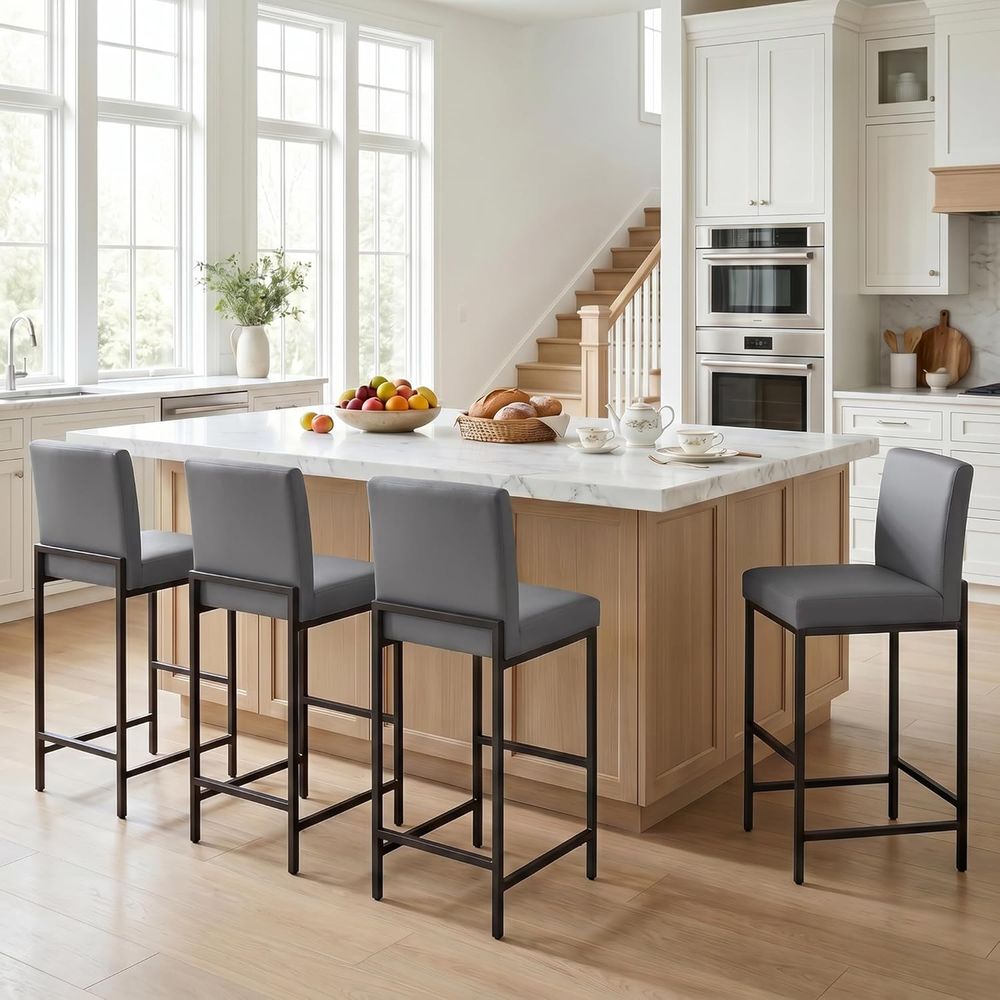 Home Bar Stools - 4'lü Gri Döşemeli Suni Deri Bar